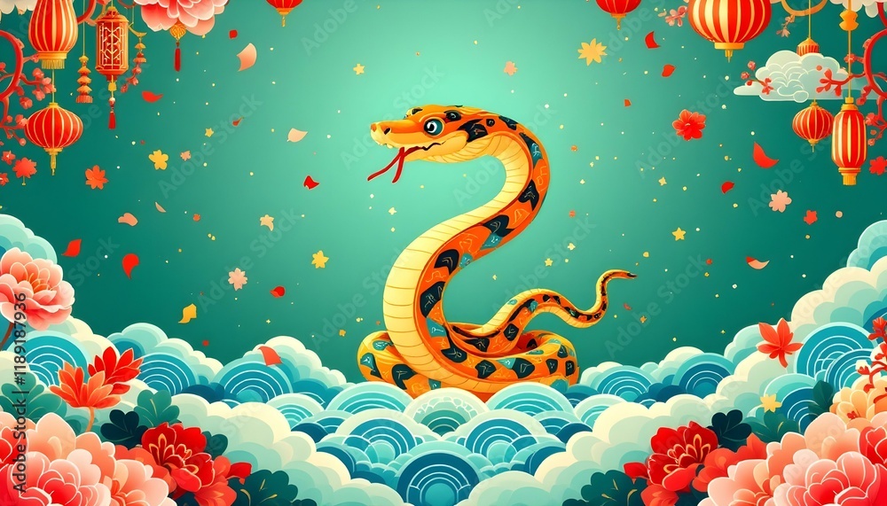 Charming Chinese New Year Portrait: A Friendly Snake with Festive Lanterns, Flowers, and Auspicious Motifs Charming Chinese New Year Portrait: A Friendly Snake with Festive Lanterns, Flowers, and Auspicious Motifs