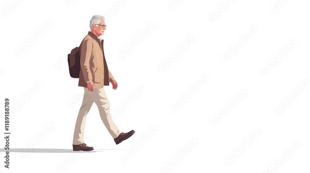 Elderly Man Walking With Backpack Outdoors Elderly Man Walking With Backpack Outdoors