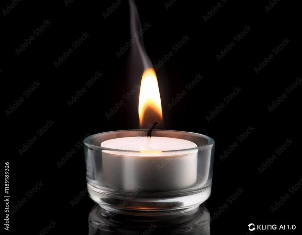 video single candle flame in a simple glass holder, lit against a black background