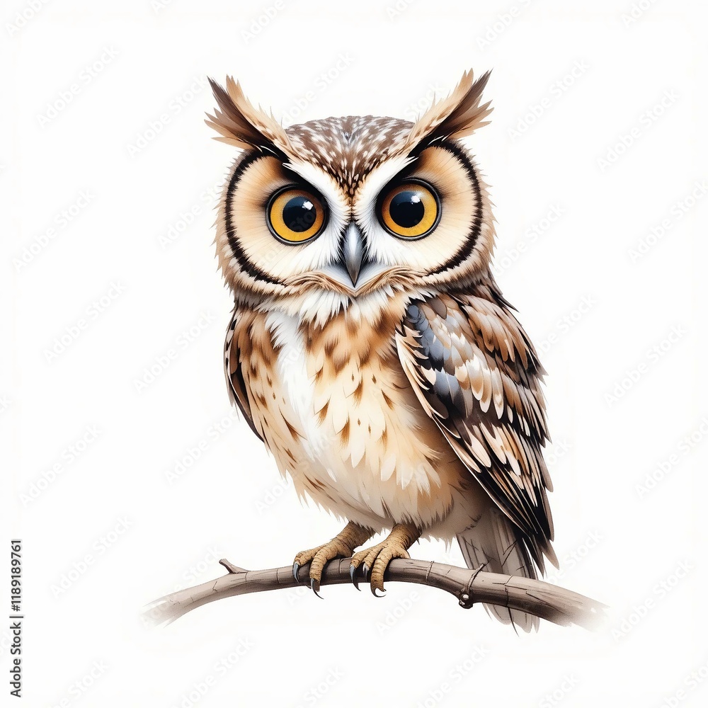 Fototapeta premium Majestic Owl Perched on Branch Wildlife Photography Bird Portrait Brown and Tan Feathers Large Eyes