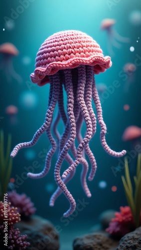 realistic highly detailed crochet of a jellyfish with a nature background