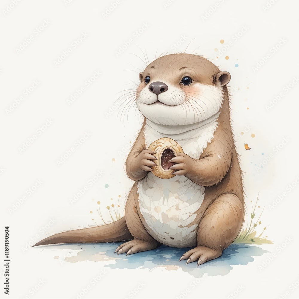 Naklejka premium Adorable Baby Otter Holding a Treat Watercolor Illustration Cute Wildlife Animal Portrait