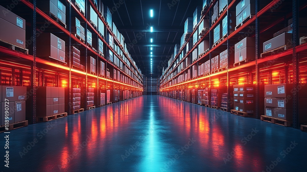 Neon-Lit Warehouse: Rows of Cargo, Vibrant Red and Blue Hues Neon-Lit Warehouse: Rows of Cargo, Vibrant Red and Blue Hues