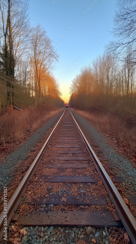 The long, straight railroad track runs through the woods at dusk in Washington State, USA. The sky is blue, and there's no one around. A train can be seen far in the distance. The long, straight railroad track runs through the woods at dusk in Washington State, USA. The sky is blue, and there's no one around. A train can be seen far in the distance.