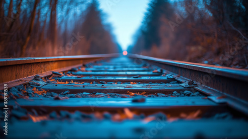 The long, straight railroad track runs through the woods at dusk in Washington State, USA. The sky is blue, and there's no one around. A train can be seen far in the distance. photo