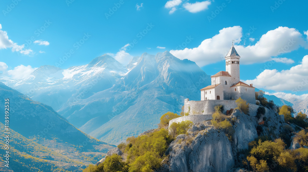 scenic castle on mountain peak with blue sky and clouds