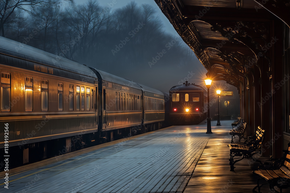 Naklejka premium Elegant departure at a historic railway station in the evening mist