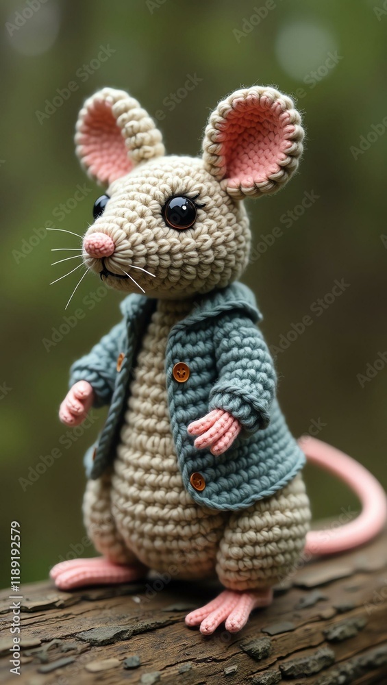 realistic highly detailed crochet of a rat with a nature background