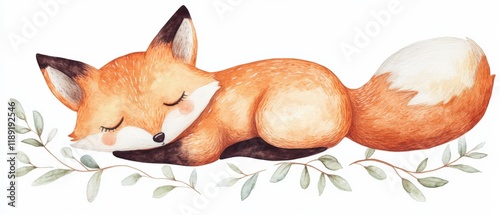 Sleeping watercolor fox with green leaves on a white background.