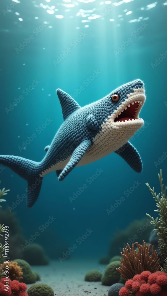 Fototapeta premium realistic highly detailed crochet of a shark with a nature background