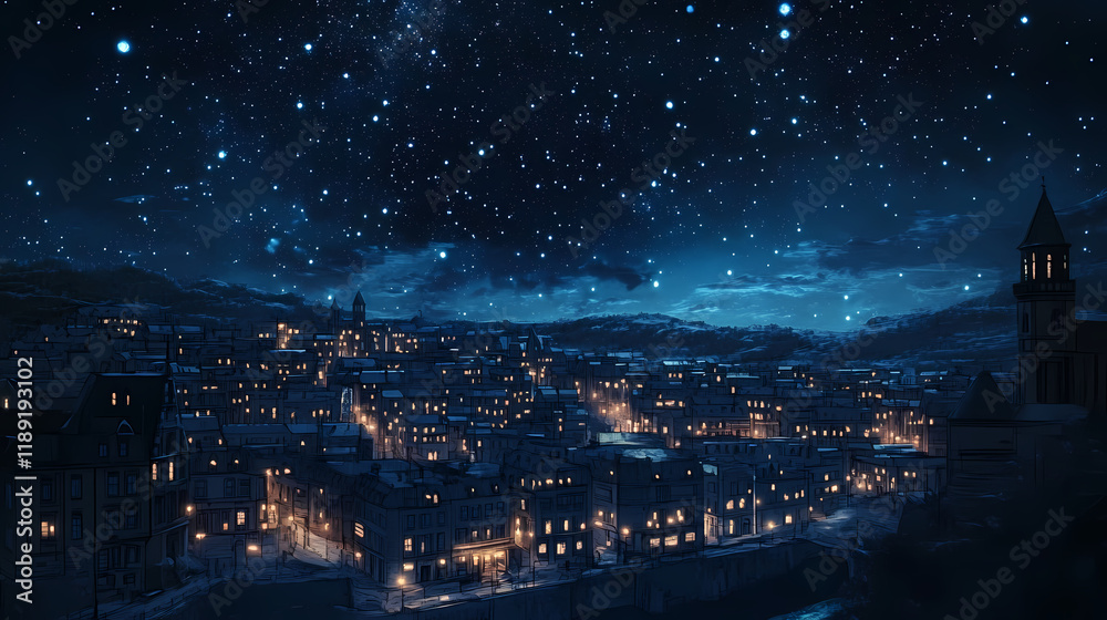 Fototapeta premium Night city skyline illuminated buildings starry sky. Nightstone. Illustration