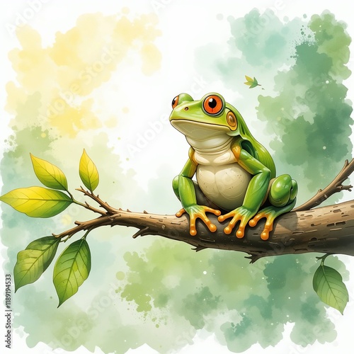 Vibrant Green Tree Frog Perched on Branch Watercolor Style Illustration