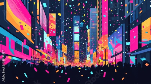 Crowd celebrating New Year's Eve in Times Square with confetti.