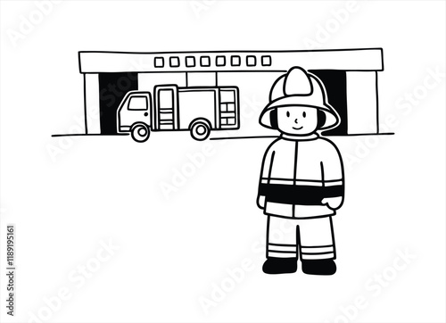 Firefighter Standing in Front of Fire Station, Black and White Vector Illustration.  