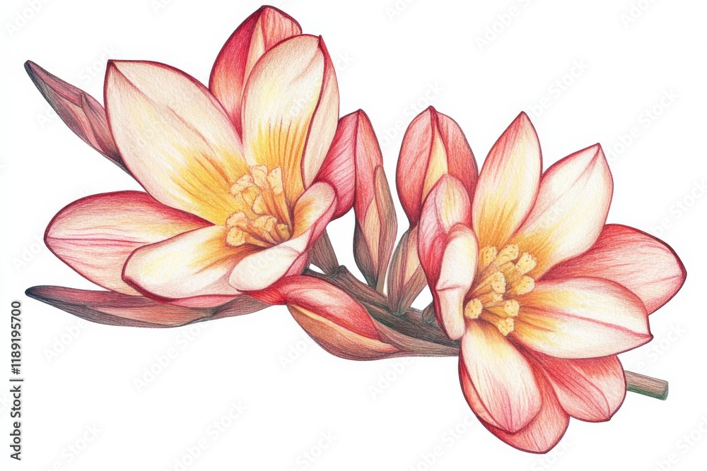 close-up drawing of two red and yellow flowers on a white background close-up drawing of two red and yellow flowers on a white background