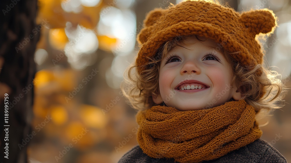 A joyful child in a cozy bear hat and scarf smiles amidst autumn leaves. A joyful child in a cozy bear hat and scarf smiles amidst autumn leaves.