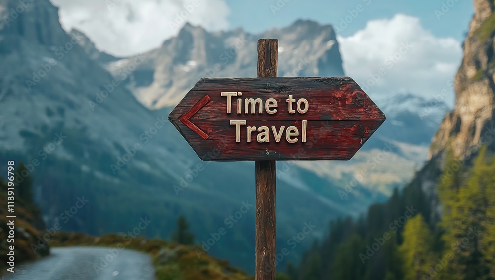 A rustic wooden sign labeled Time to Travel stands along a winding path surrounded by lush green hills and majestic mountains under a bright sky, encouraging exploration. A rustic wooden sign labeled Time to Travel stands along a winding path surrounded by lush green hills and majestic mountains under a bright sky, encouraging exploration.