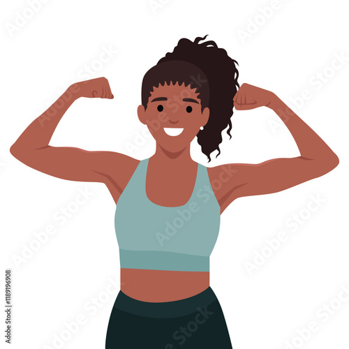 Young woman showing her muscles. Fit fitness strenght health hobby. Flat vector illustration isolated on white background