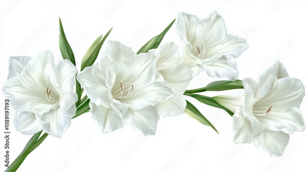 a cluster of white gladiolus flowers and green leaves against a white background a cluster of white gladiolus flowers and green leaves against a white background