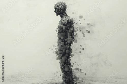 Pixelated human body dissolving into square fragments, symbolizing digital disintegration, data loss, or the ephemeral nature of existence