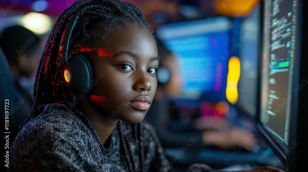 Fototapeta premium Focused Young Black Female Gamer with Headphones Using Computer