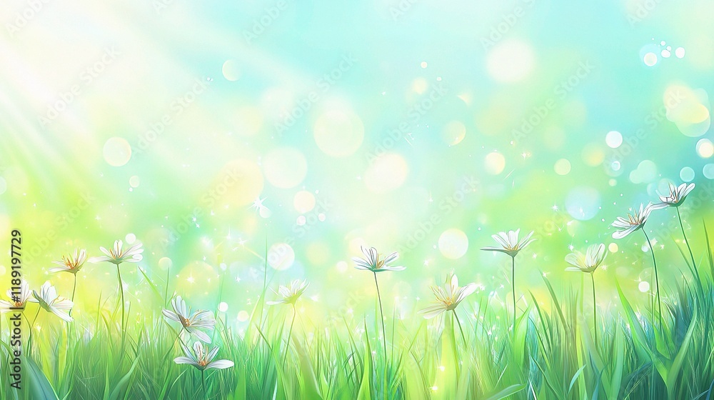 Vibrant Spring Meadow Bathed in Sunlight and Fresh Green Grass Vibrant Spring Meadow Bathed in Sunlight and Fresh Green Grass