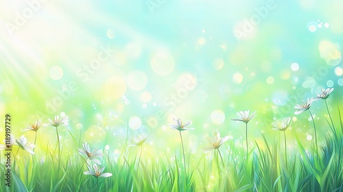 Vibrant Spring Meadow Bathed in Sunlight and Fresh Green Grass