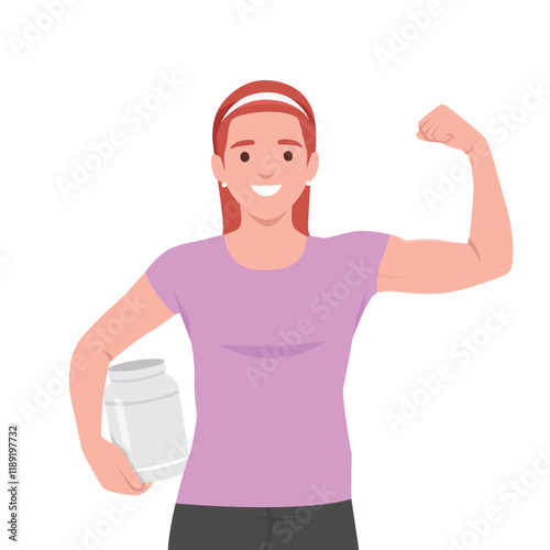 Young woman showing her biceps and holding a white plastic jar of nutritional supplement. Flat vector illustration isolated on white background