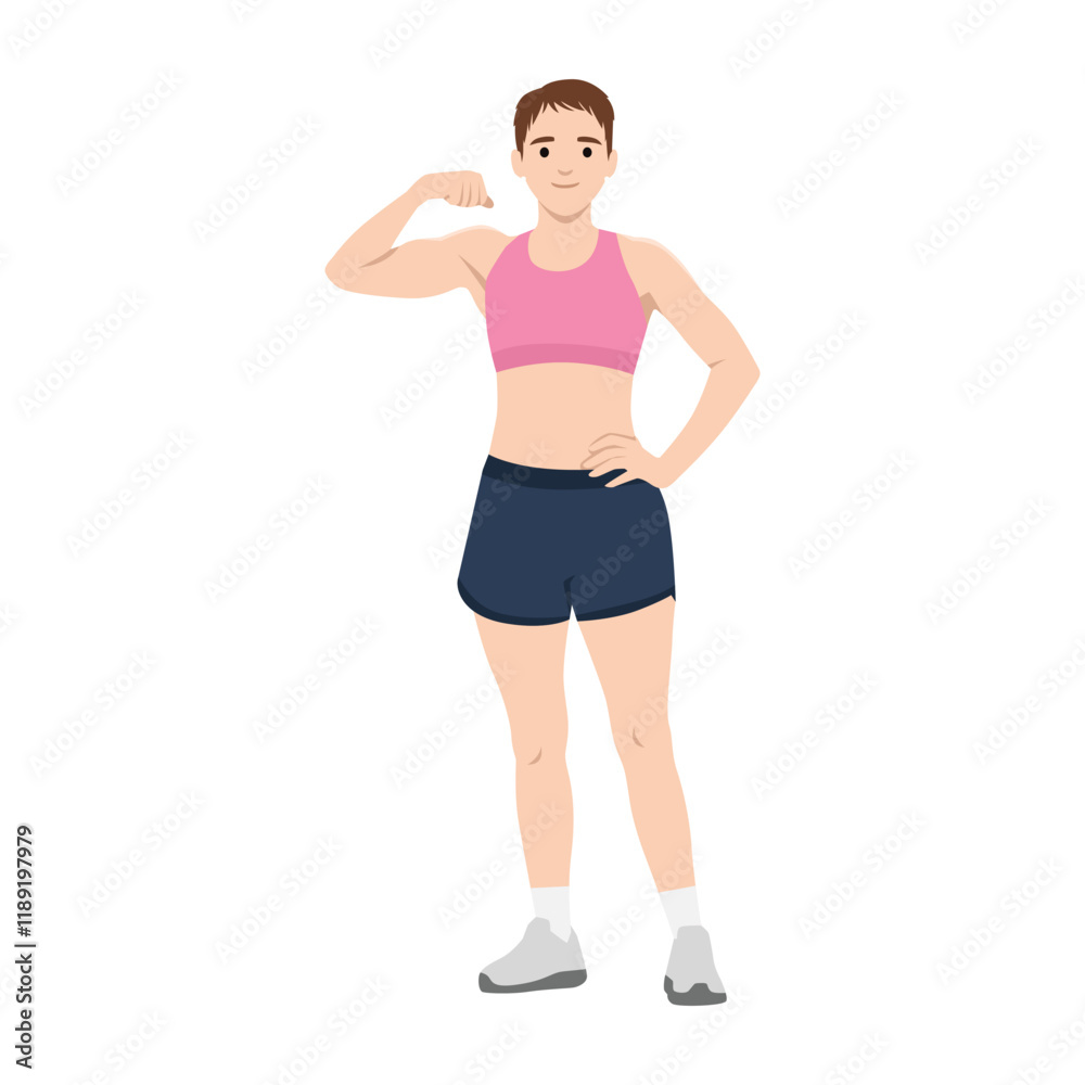 Enthusiastic Female Bodybuilder Flexing Her Muscles Confidently. Flat vector illustration isolated on white background Enthusiastic Female Bodybuilder Flexing Her Muscles Confidently. Flat vector illustration isolated on white background