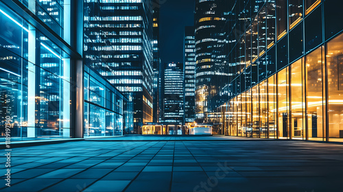 Urban nightscene of glowing commercial district with space for text - cityscape with illuminated office buildings and urban lights. Nightstone. Illustration photo