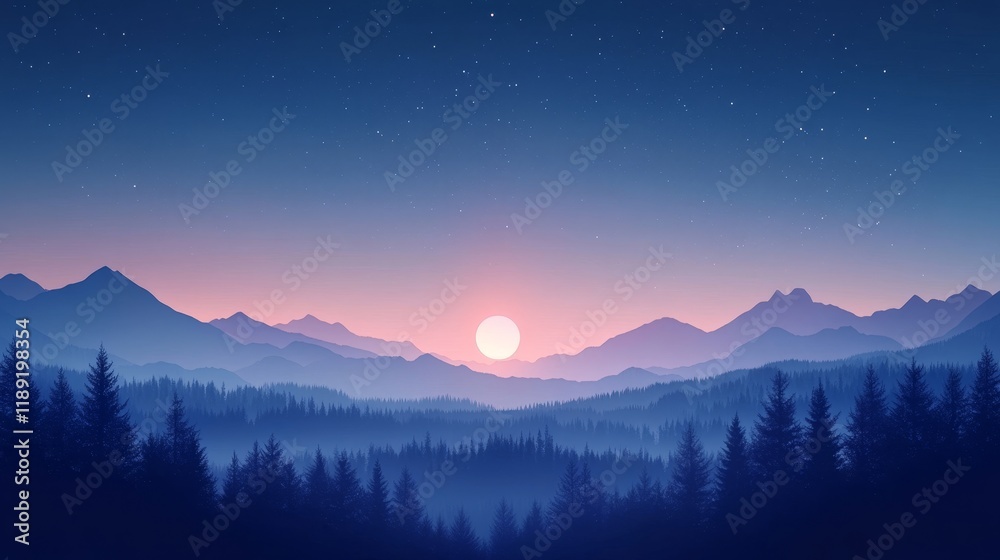 Naklejka premium Serene Minimalist Nightscape with Deep Blue Gradients and Abstract Stars