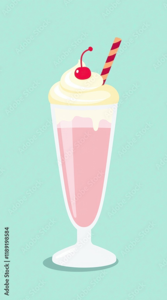 Pastel Illustrated Milkshake in Classic Glass with Whipped Cream and Cherry Pastel Illustrated Milkshake in Classic Glass with Whipped Cream and Cherry