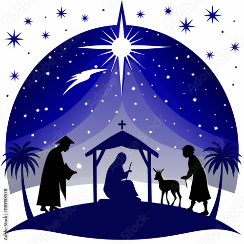 A silhouette of the Nativity scene under a starry night sky with the Star of Bethlehem shining brightly