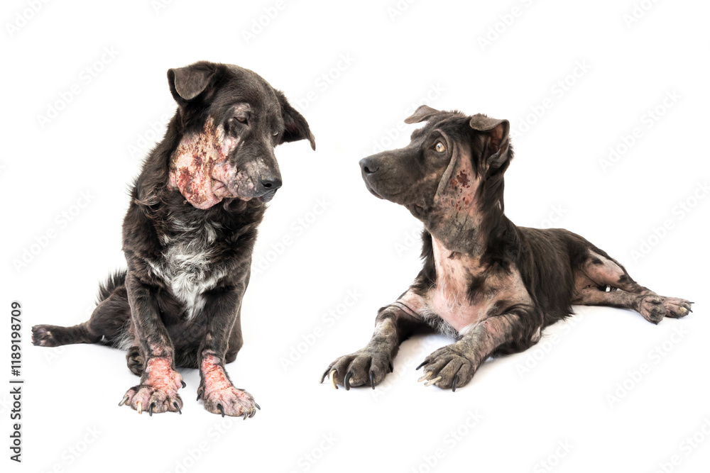 Dog sick leprosy skin problem with white background Dog sick leprosy skin problem with white background