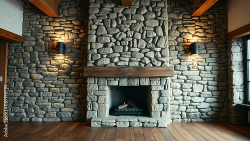 Front view of a natural stone wall in a house with the fireplace in front wooden beams and floors photo