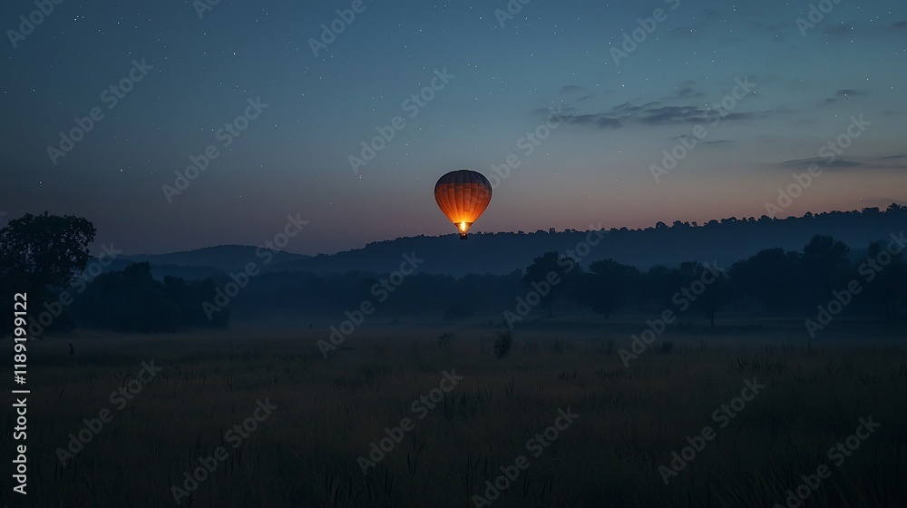 Hot air balloon glowing at dawn over misty field. Hot air balloon glowing at dawn over misty field.