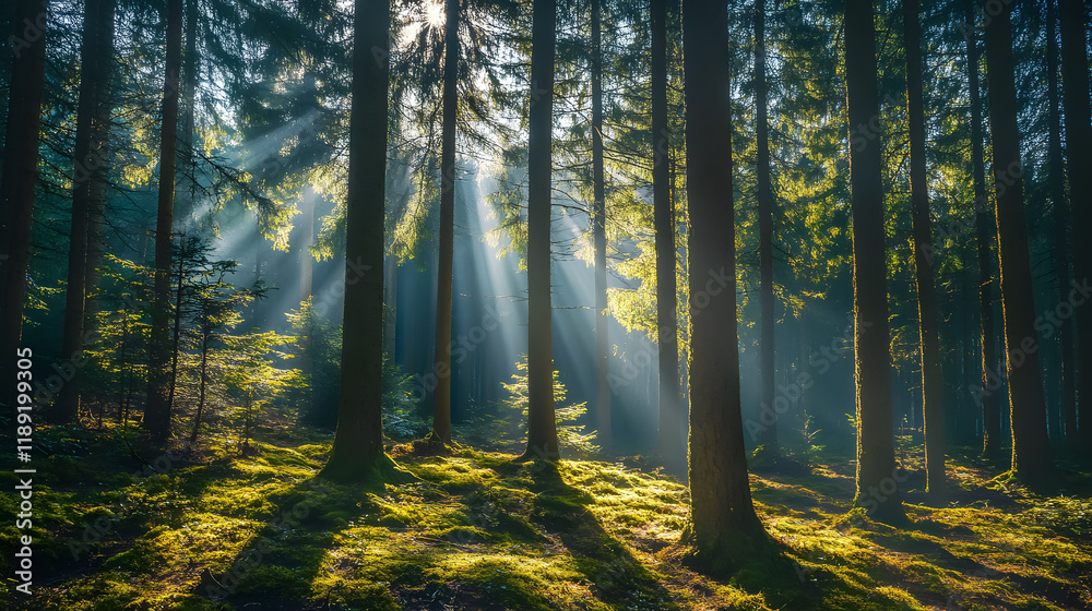 Obraz premium Quiet spring forest with beautiful sunlight streaming through the trees