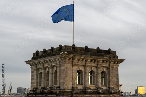 Flag of the EU flying on top of the Reichstag Building in Berlin