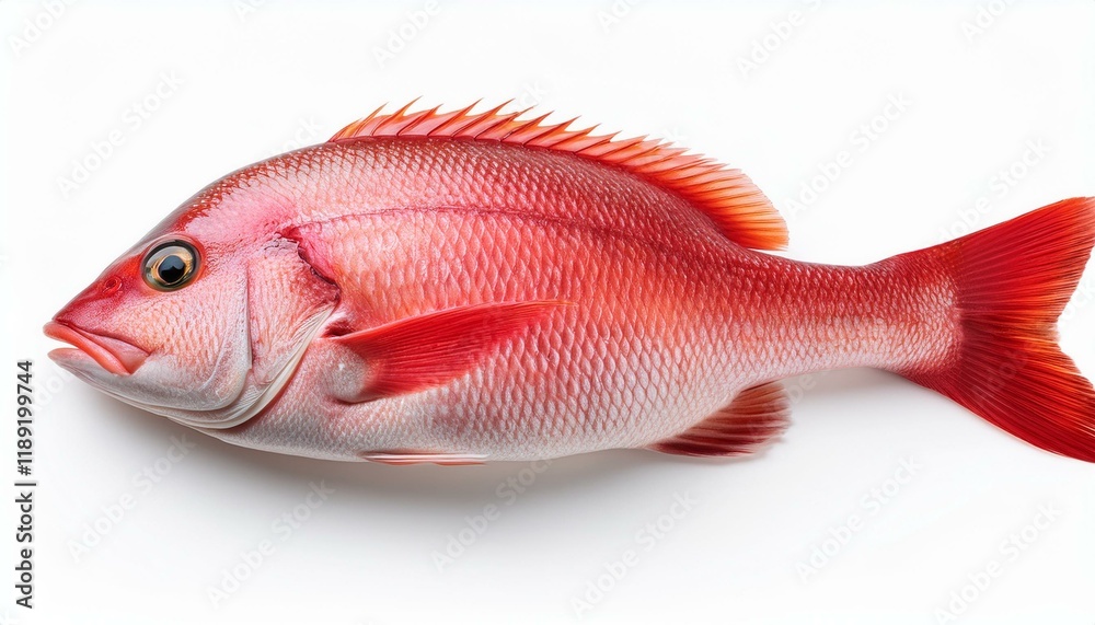 Obraz premium A fresh red fish, possibly a snapper, displayed on a plain white background. 