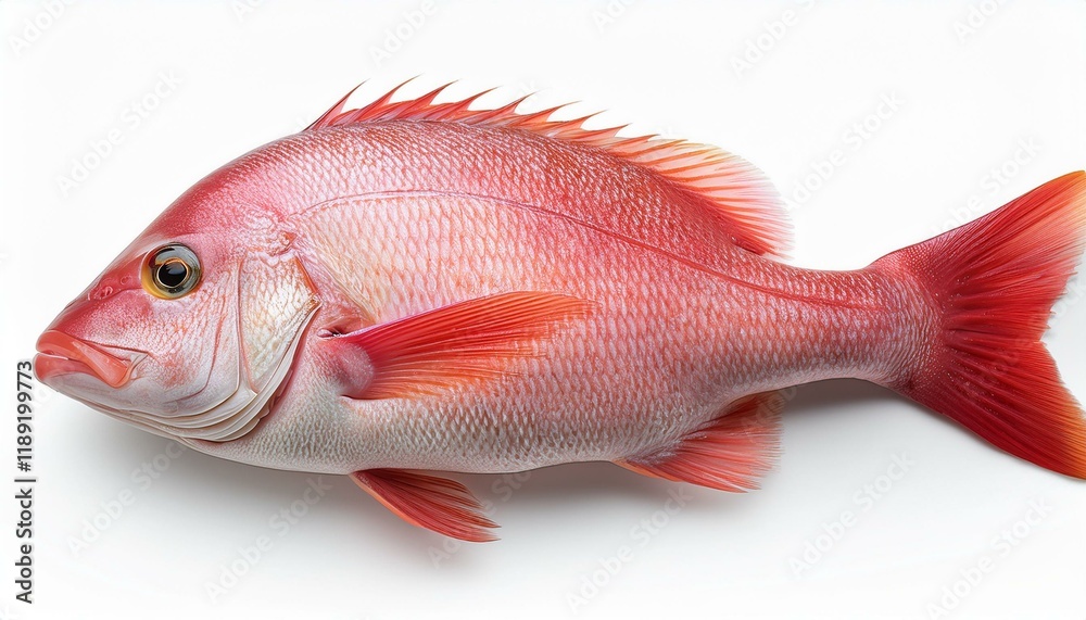 Obraz premium A fresh red fish, possibly a snapper, displayed on a plain white background. 