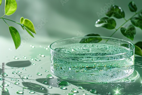 Empty Glass circle podium on transparent clear green water texture with splashes and waves in sunlight. Abstract nature background for product presentation. Flat lay cosmetic mockup