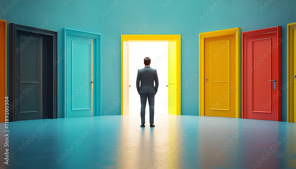 Man standing in front of abstract colorful puzzle door in interior. Future, choice, success, direction, opportunity and solution concept Man standing in front of abstract colorful puzzle door in interior. Future, choice, success, direction, opportunity and solution concept