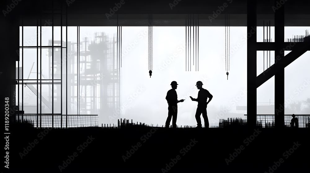 Fototapeta premium A silhouette of an engineer standing and discussing construction orders.
