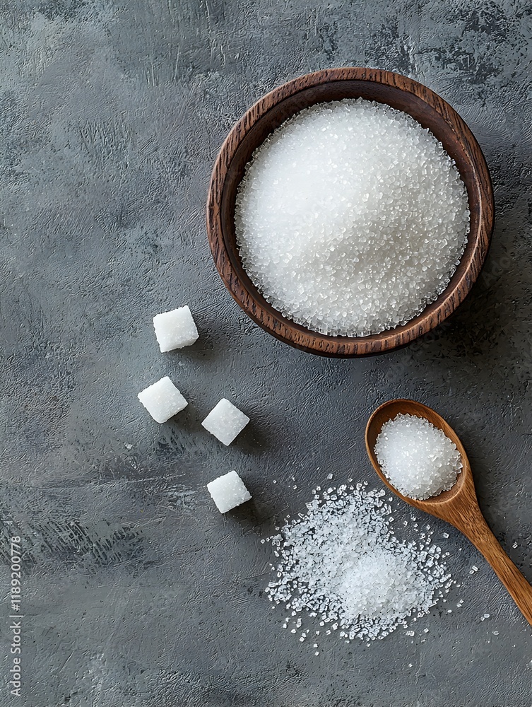 Photo of White Sugar in a Wooden Bowl with Spoon and Cubes Photo of White Sugar in a Wooden Bowl with Spoon and Cubes