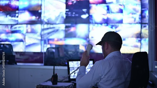 Security guards are monitoring multiple CCTV cameras and answering phone calls.