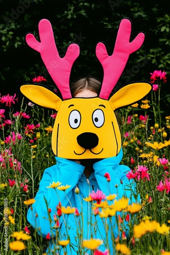 Adorable Girl in Deer Costume Surrounded by Colorful Wildflowers in a Vibrant Natural Setting photo