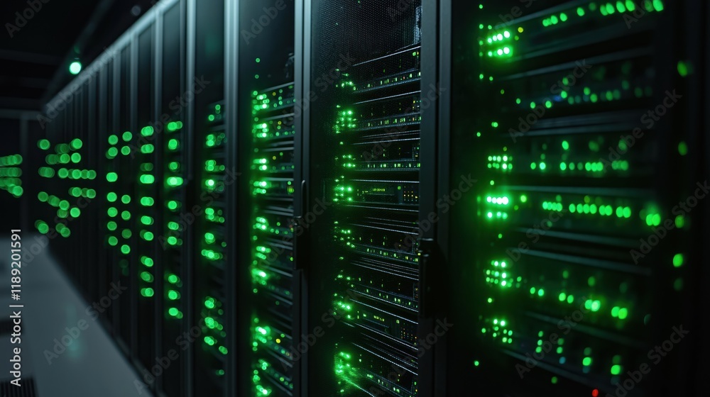 Close-up server racks with glowing green lights. Dark datacenter interior. Rows of tech equipment. Advanced tech solutions. Modern business infrastructure. Secure digital storage. Powerful computer Close-up server racks with glowing green lights. Dark datacenter interior. Rows of tech equipment. Advanced tech solutions. Modern business infrastructure. Secure digital storage. Powerful computer
