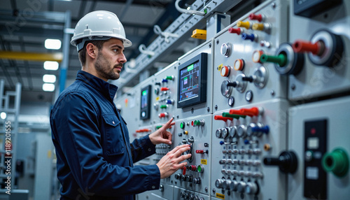 Focused engineer operating control panel in industrial plant, technical expertise photo