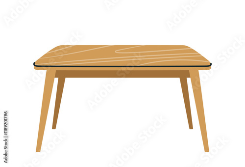 Wooden rectangular table with a natural wood texture, simple design, and four angled legs, placed on a white background. Vector illustration of furniture design