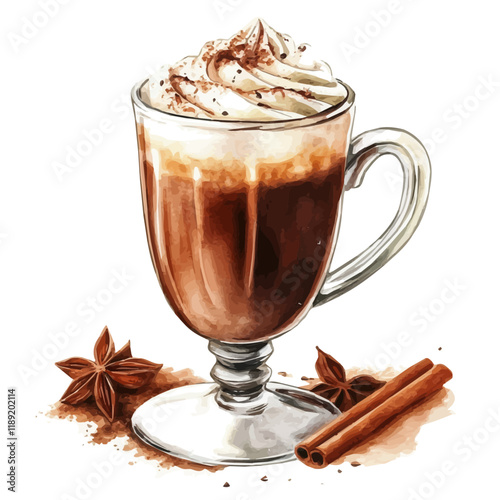 A watercolor vector painting of a Spiced Hot Chocolate, isolated on a white background. Spiced Hot Chocolate vector.

